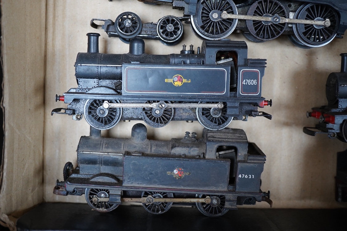 Three part-built 0 gauge railway brass and white metal locomotives by John Worsley; an ACE Products kit of an SR Bullied light Pacific with its original box, a SECR Wainwright H class 0-4-4T locomotive and an LNER class